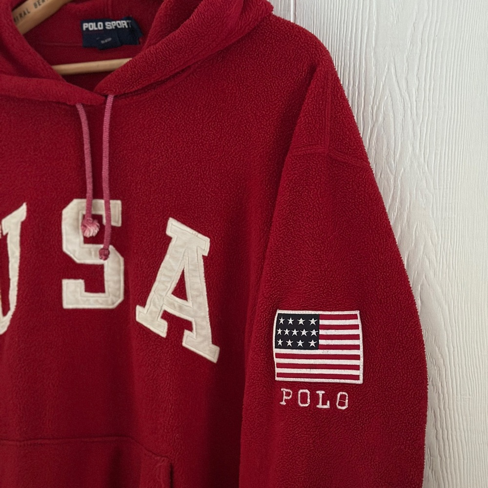 Vintage Ralph Lauren Polo Sport Hoodie - red fleece - made in USA - L - Picture 2 of 7